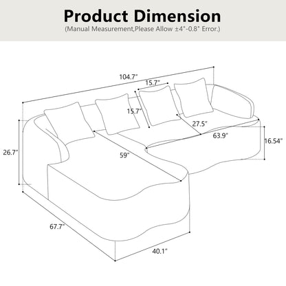 Divano componibile a L a compressione completa con chaise longue curva, divano modulare in ciniglia, divano a compressione