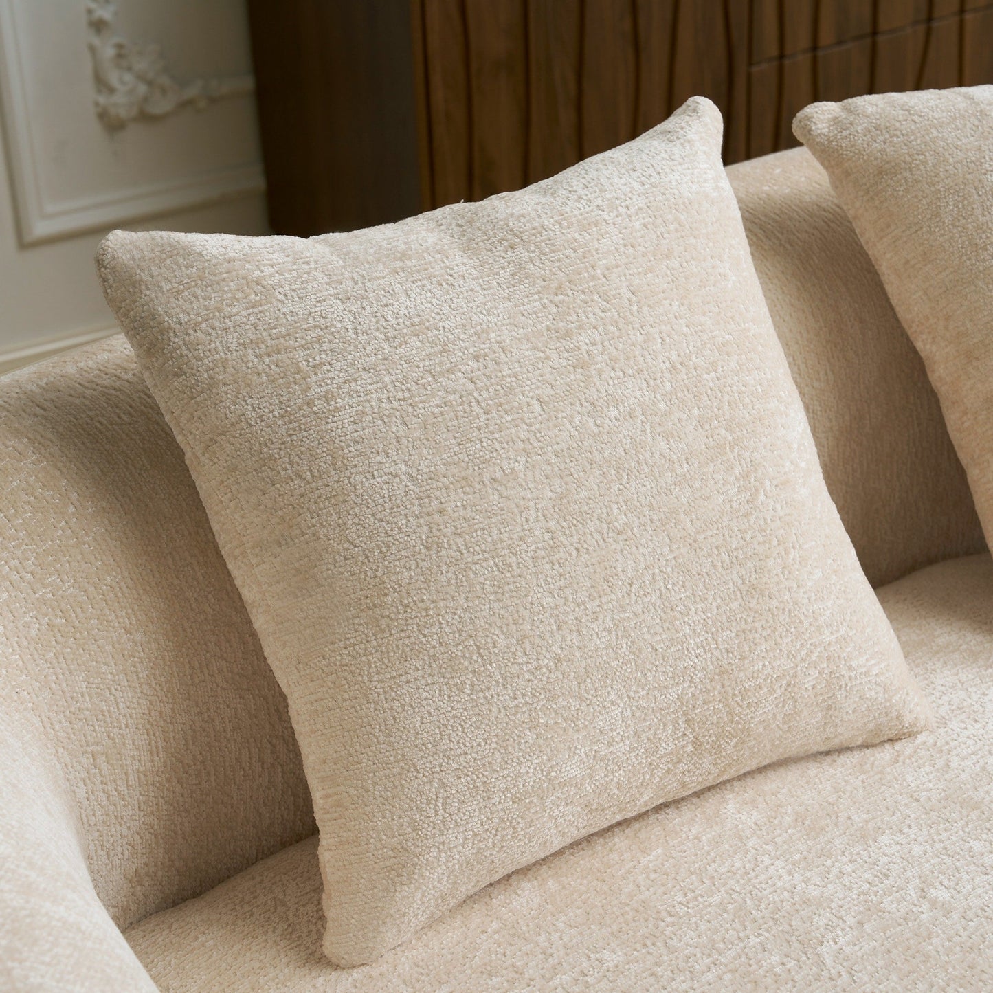 Divano componibile a L a compressione completa con chaise longue curva, divano modulare in ciniglia, divano a compressione