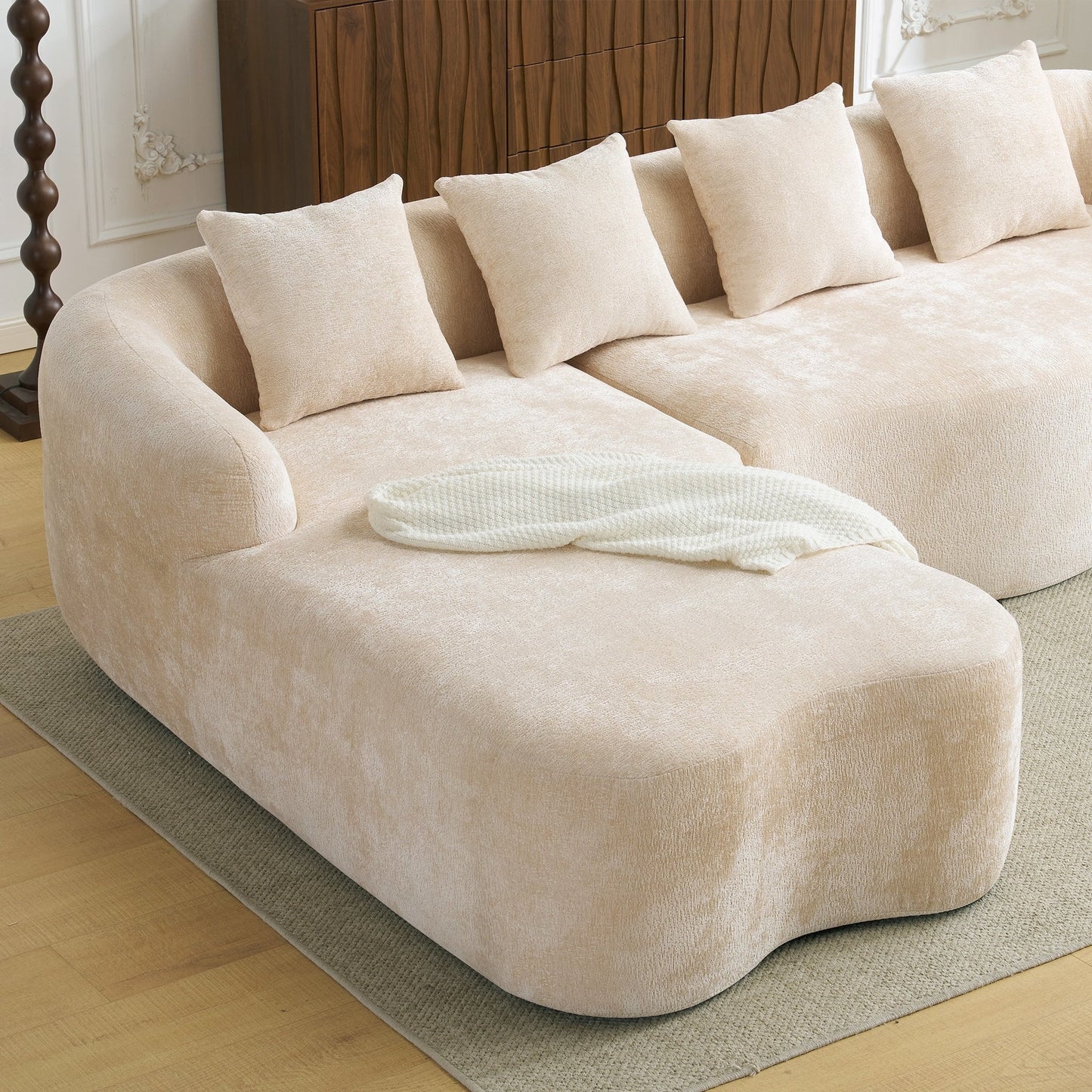 Divano componibile a L a compressione completa con chaise longue curva, divano modulare in ciniglia, divano a compressione