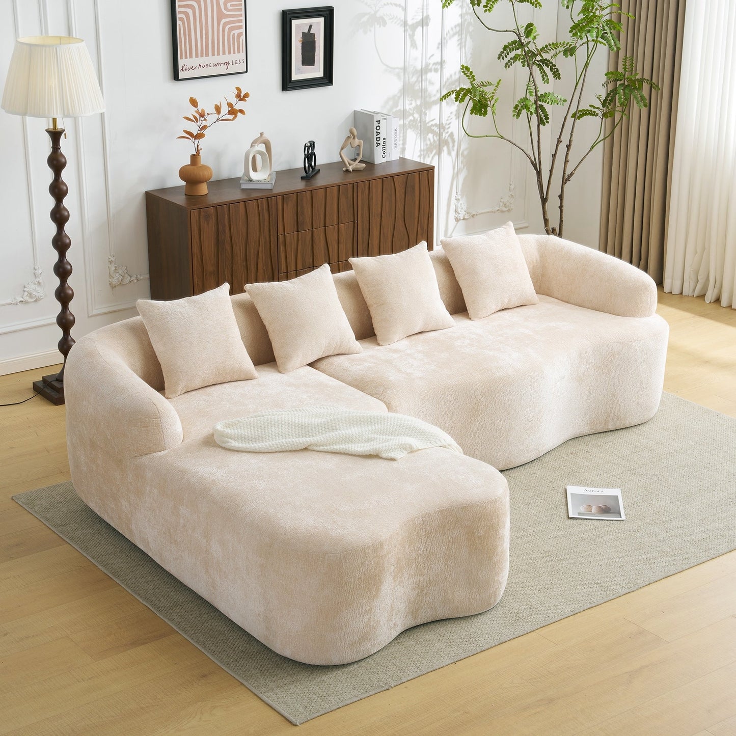 Divano componibile a L a compressione completa con chaise longue curva, divano modulare in ciniglia, divano a compressione