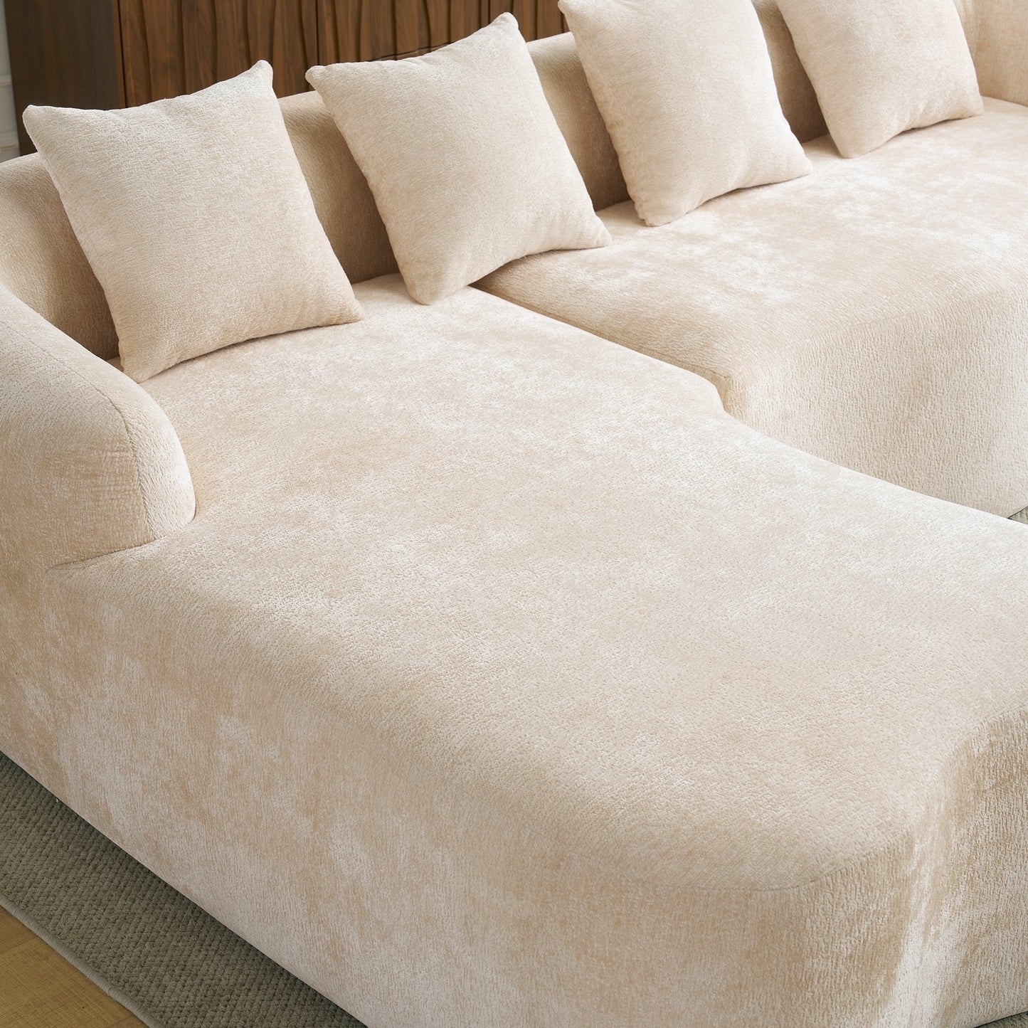 Divano componibile a L a compressione completa con chaise longue curva, divano modulare in ciniglia, divano a compressione