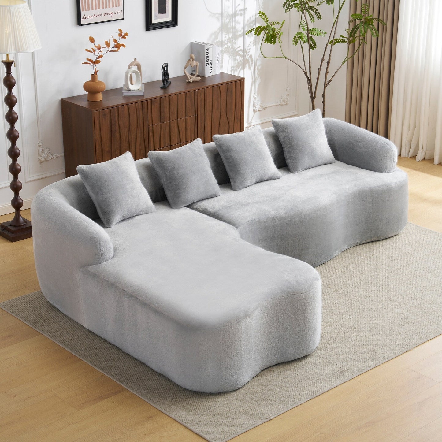Divano componibile a L a compressione completa con chaise longue curva, divano modulare in ciniglia, divano a compressione