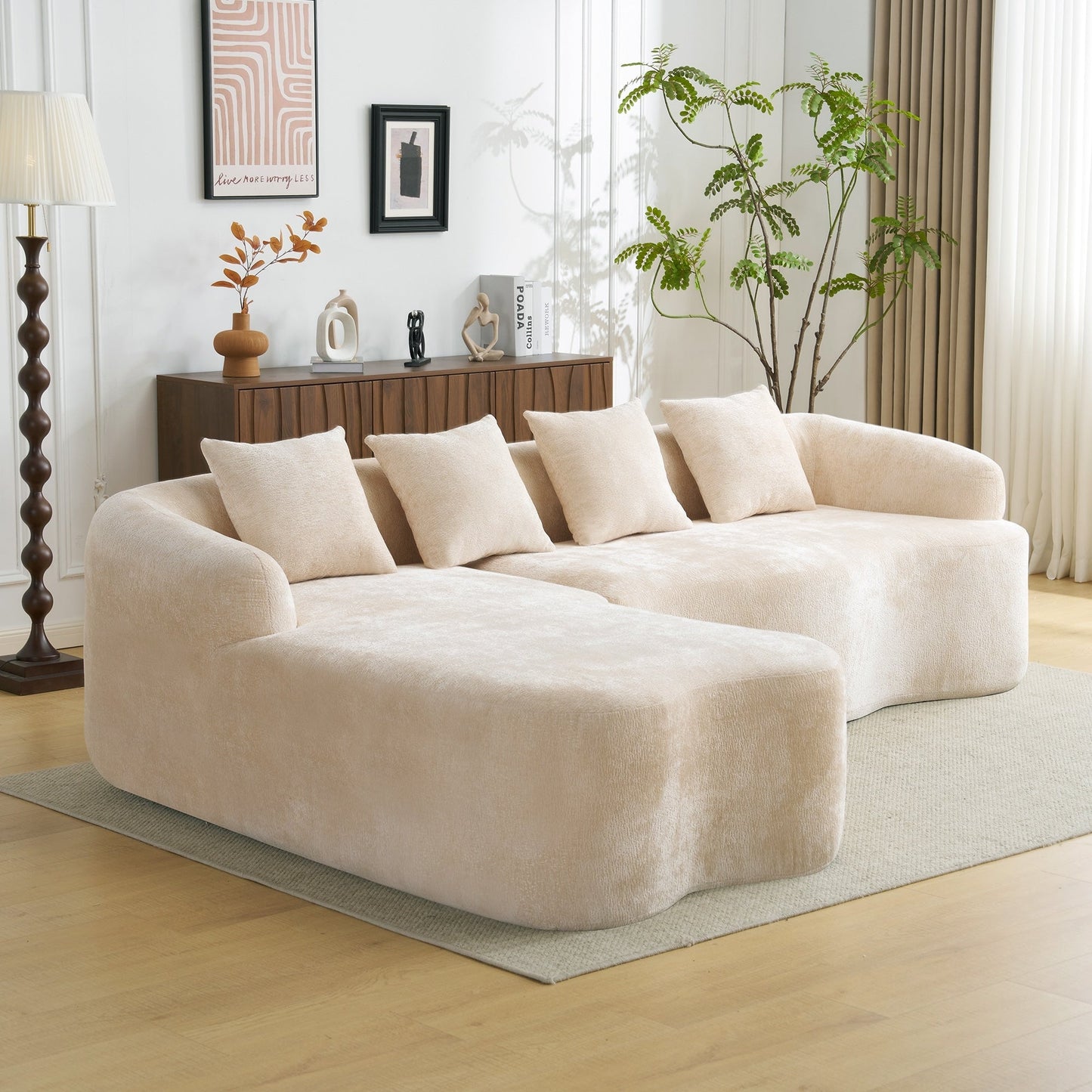 Divano componibile a L a compressione completa con chaise longue curva, divano modulare in ciniglia, divano a compressione