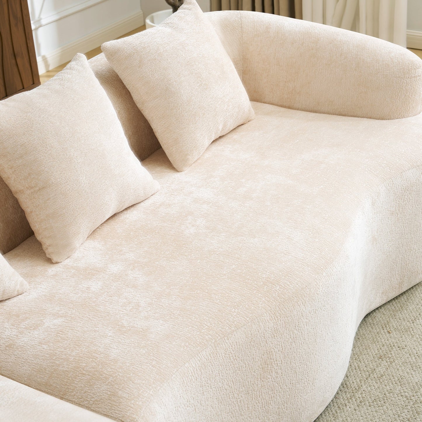 Divano componibile a L a compressione completa con chaise longue curva, divano modulare in ciniglia, divano a compressione