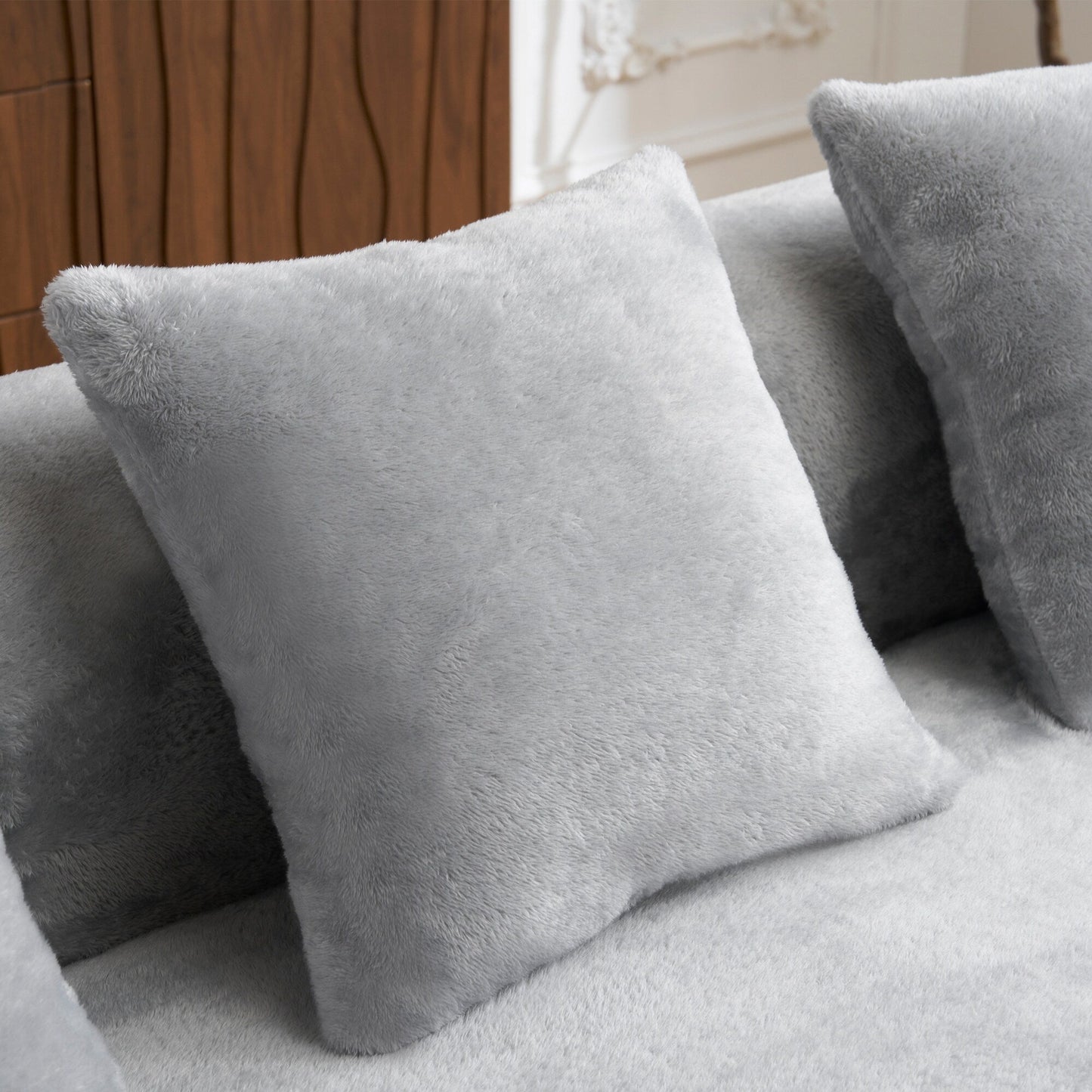 Divano componibile a L a compressione completa con chaise longue curva, divano modulare in ciniglia, divano a compressione