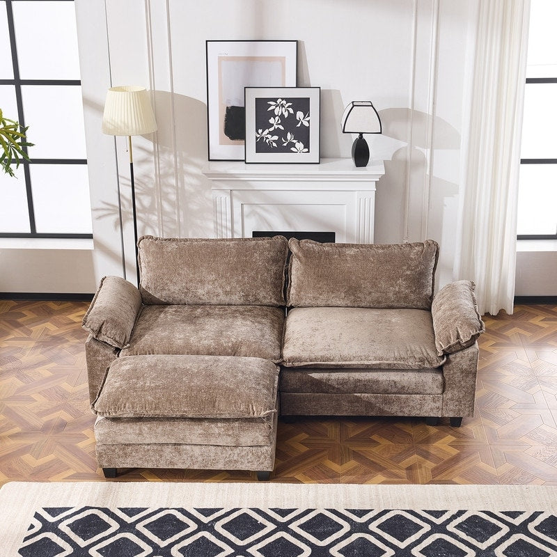 Divano in ciniglia con cuscino doppio KD completo e pouf