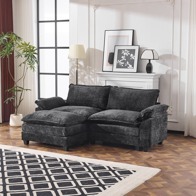 Divano in ciniglia con cuscino doppio KD completo e pouf