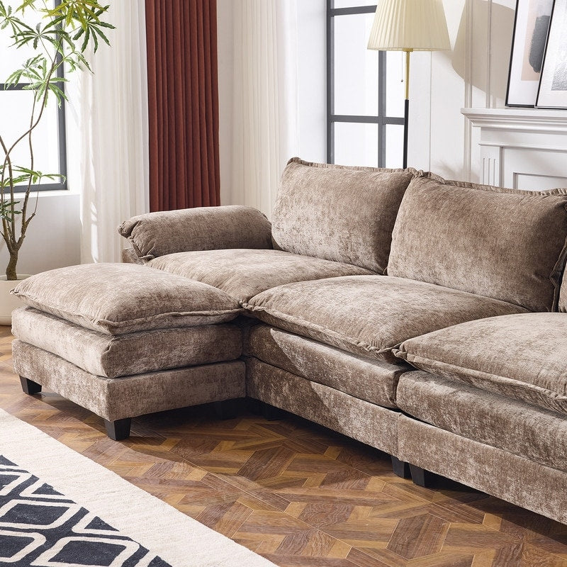 Divano in ciniglia con cuscino doppio KD completo e pouf