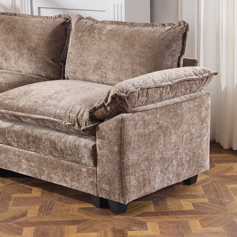 Divano in ciniglia con cuscino doppio KD completo e pouf