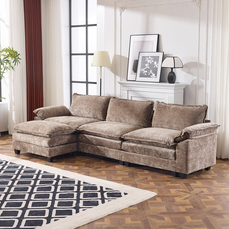 Divano in ciniglia con cuscino doppio KD completo e pouf