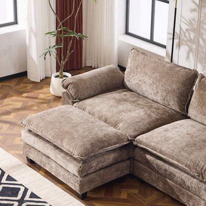 Divano in ciniglia con cuscino doppio KD completo e pouf