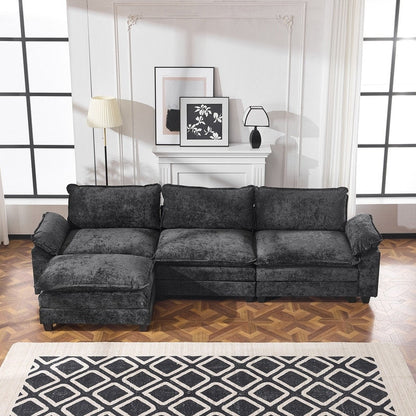 Divano in ciniglia con cuscino doppio KD completo e pouf