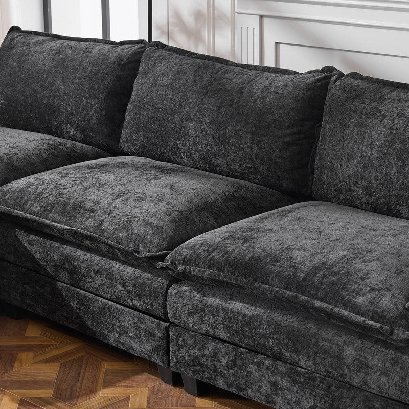 Divano in ciniglia con cuscino doppio KD completo e pouf