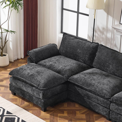 Divano in ciniglia con cuscino doppio KD completo e pouf