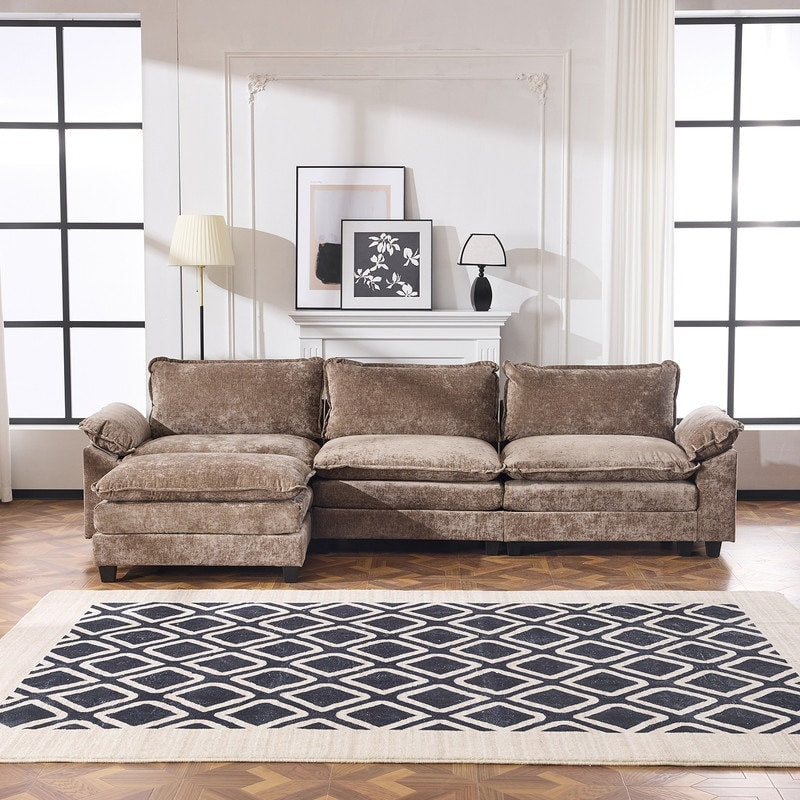 Divano in ciniglia con cuscino doppio KD completo e pouf