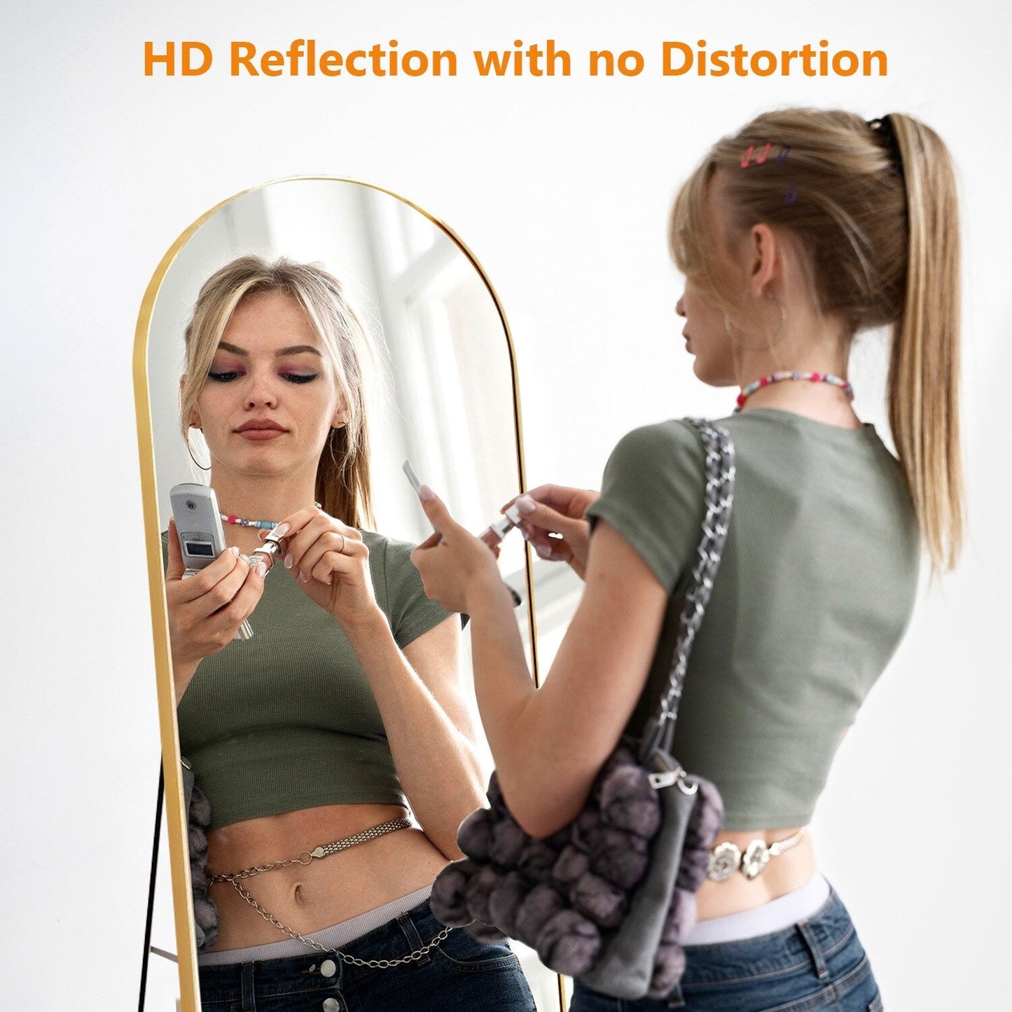 Specchio ad arco a figura intera con vetro infrangibile e supporto, struttura in lega di alluminio per guardaroba da camera da letto, da pavimento