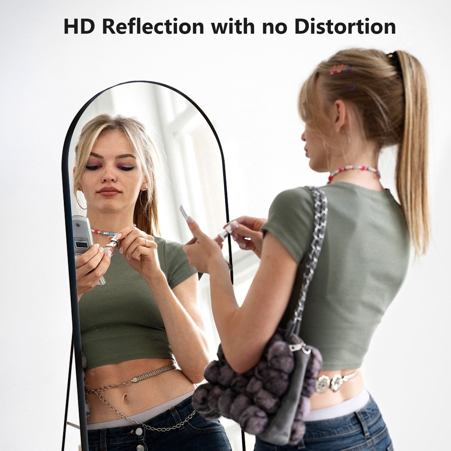 Specchio ad arco a figura intera con vetro infrangibile e supporto, struttura in lega di alluminio per guardaroba da camera da letto, da pavimento