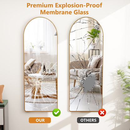 Specchio ad arco a figura intera con vetro infrangibile e supporto, struttura in lega di alluminio per guardaroba da camera da letto, da pavimento