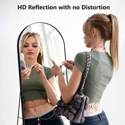 Specchio ad arco a figura intera con vetro infrangibile e supporto, struttura in lega di alluminio per guardaroba da camera da letto, da pavimento