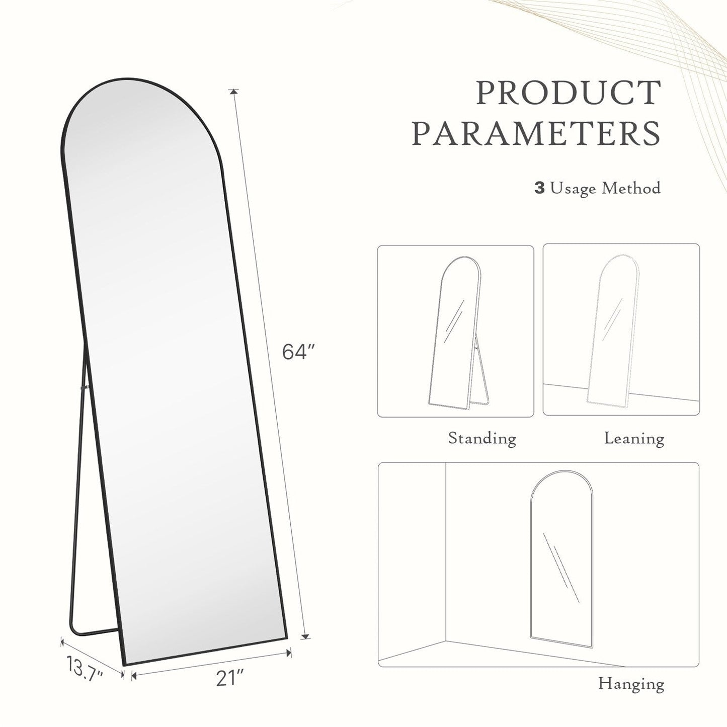 Specchio a figura intera con supporto, specchio da terra con cornice in lega di alluminio per camera da letto, specchio a figura intera da parete, guardaroba