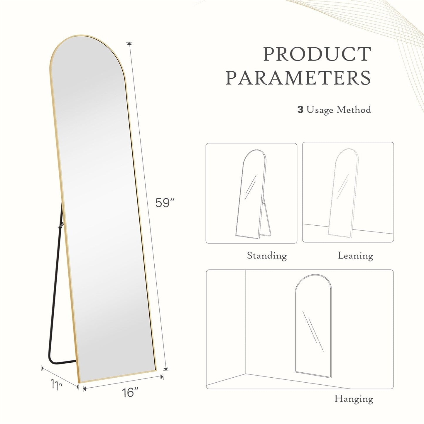 Specchio a figura intera con supporto, specchio da terra con cornice in lega di alluminio per camera da letto, specchio a figura intera da parete, guardaroba