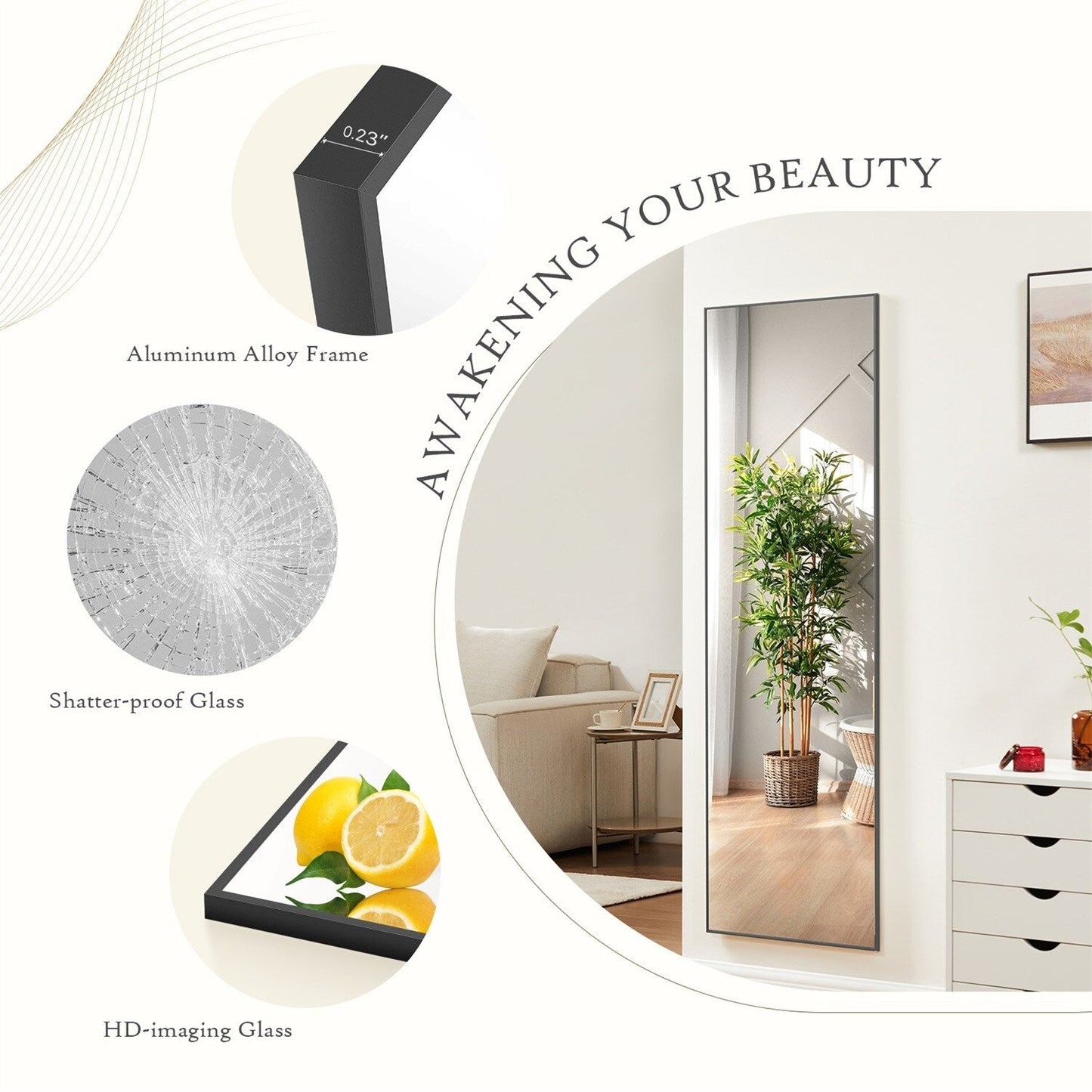 Specchio a figura intera con supporto, specchio da terra con cornice in lega di alluminio per camera da letto, specchio a figura intera da parete, guardaroba