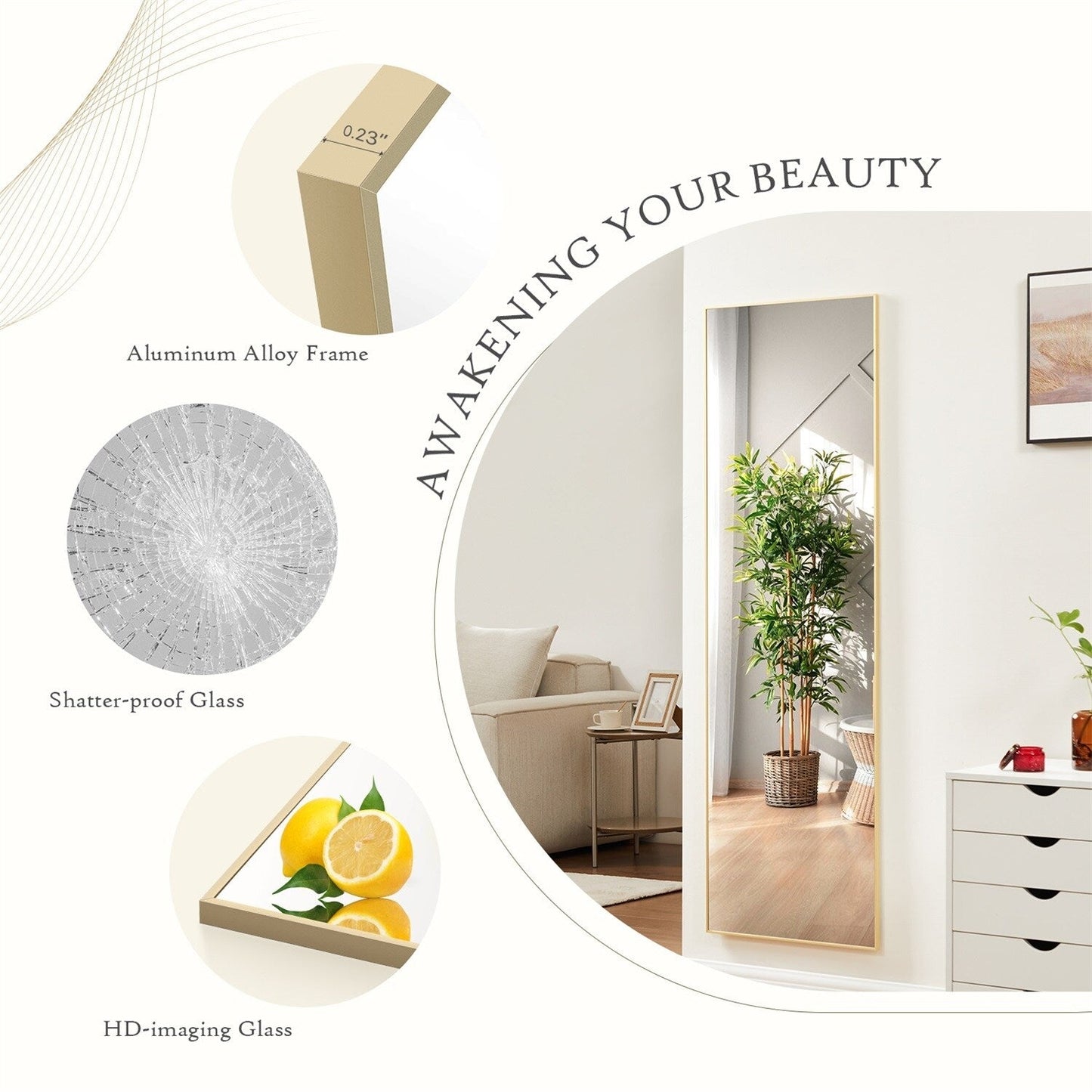 Specchio a figura intera con supporto, specchio da terra con cornice in lega di alluminio per camera da letto, specchio a figura intera da parete, guardaroba