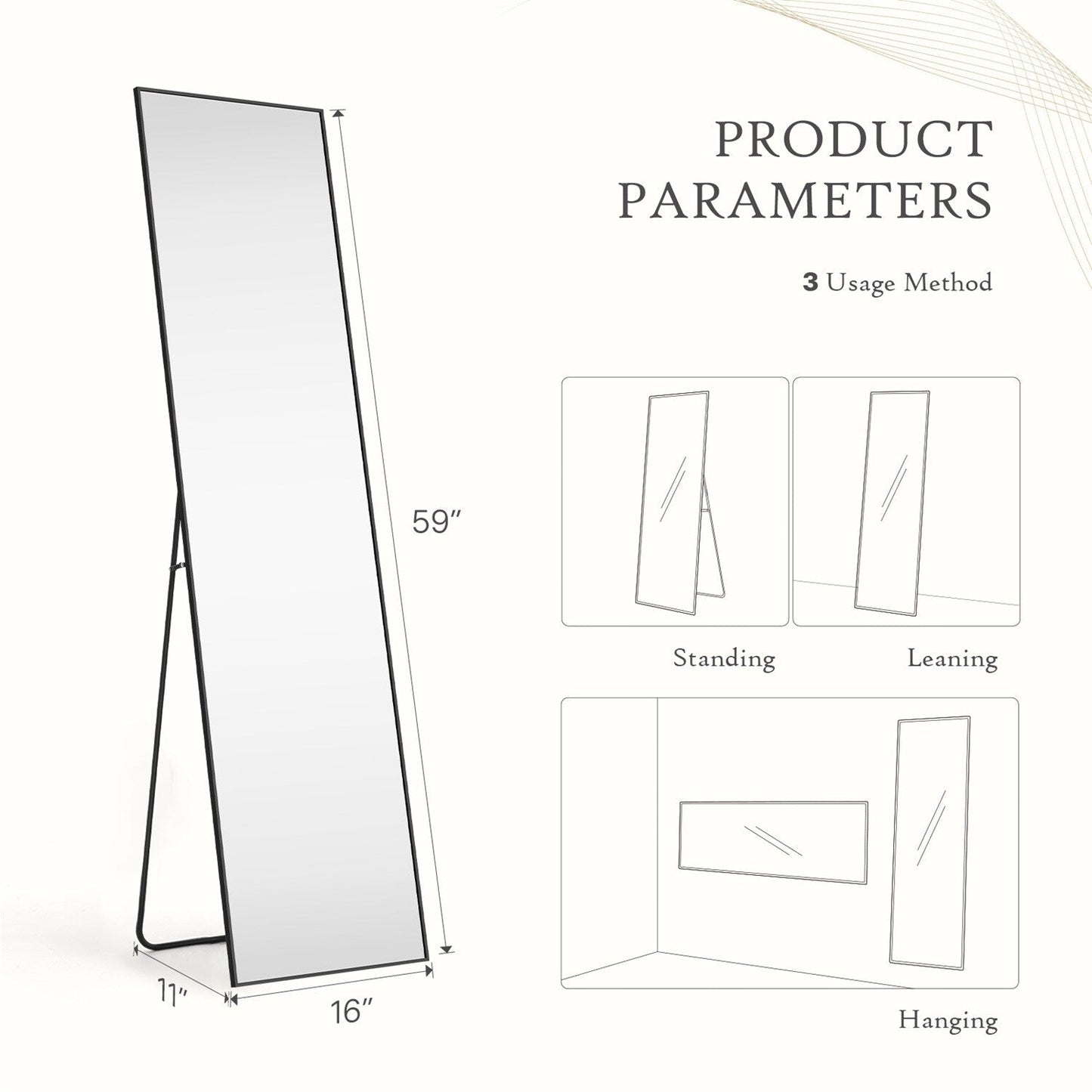 Specchio a figura intera con supporto, specchio da terra con cornice in lega di alluminio per camera da letto, specchio a figura intera da parete, guardaroba