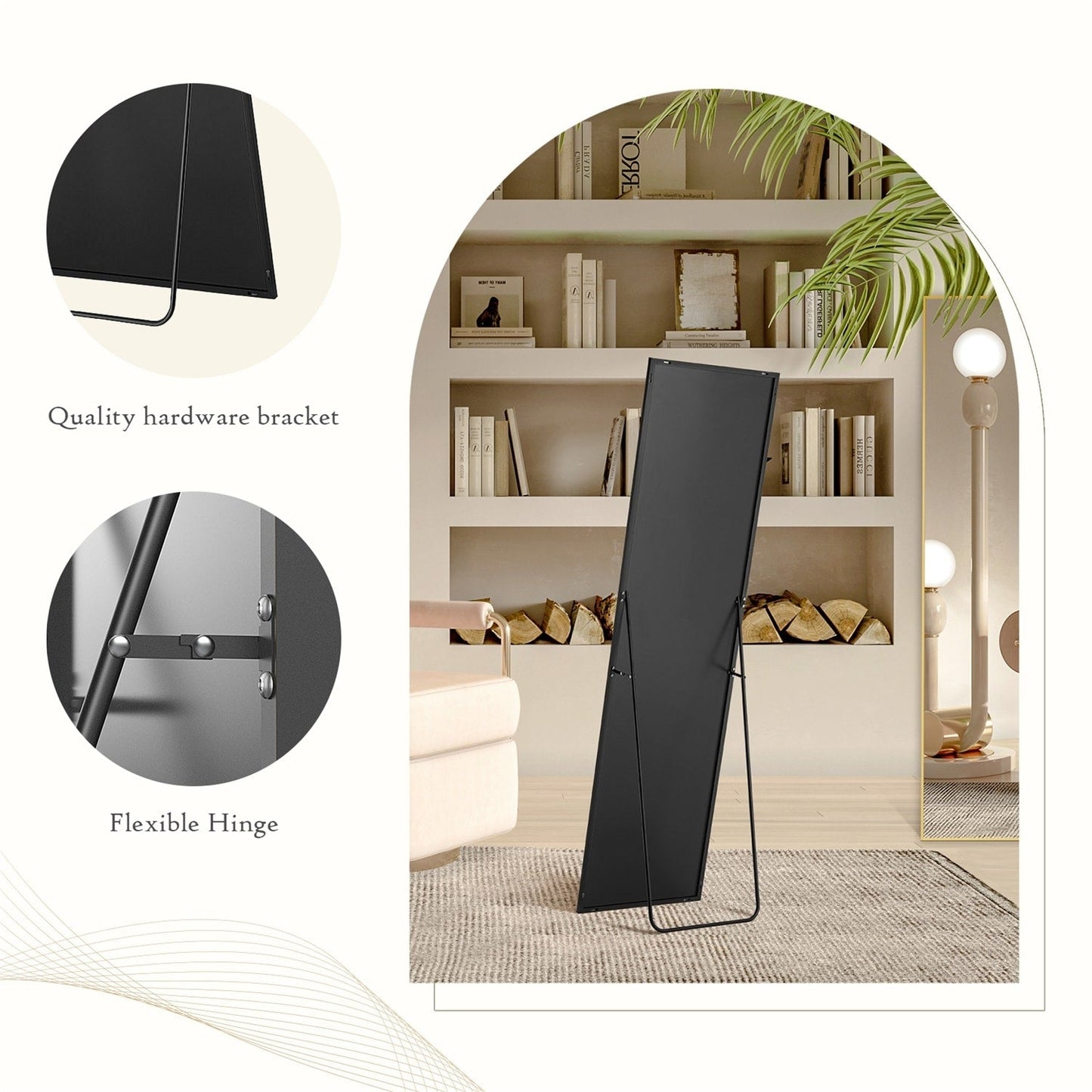 Specchio a figura intera con supporto, specchio da terra con cornice in lega di alluminio per camera da letto, specchio a figura intera da parete, guardaroba