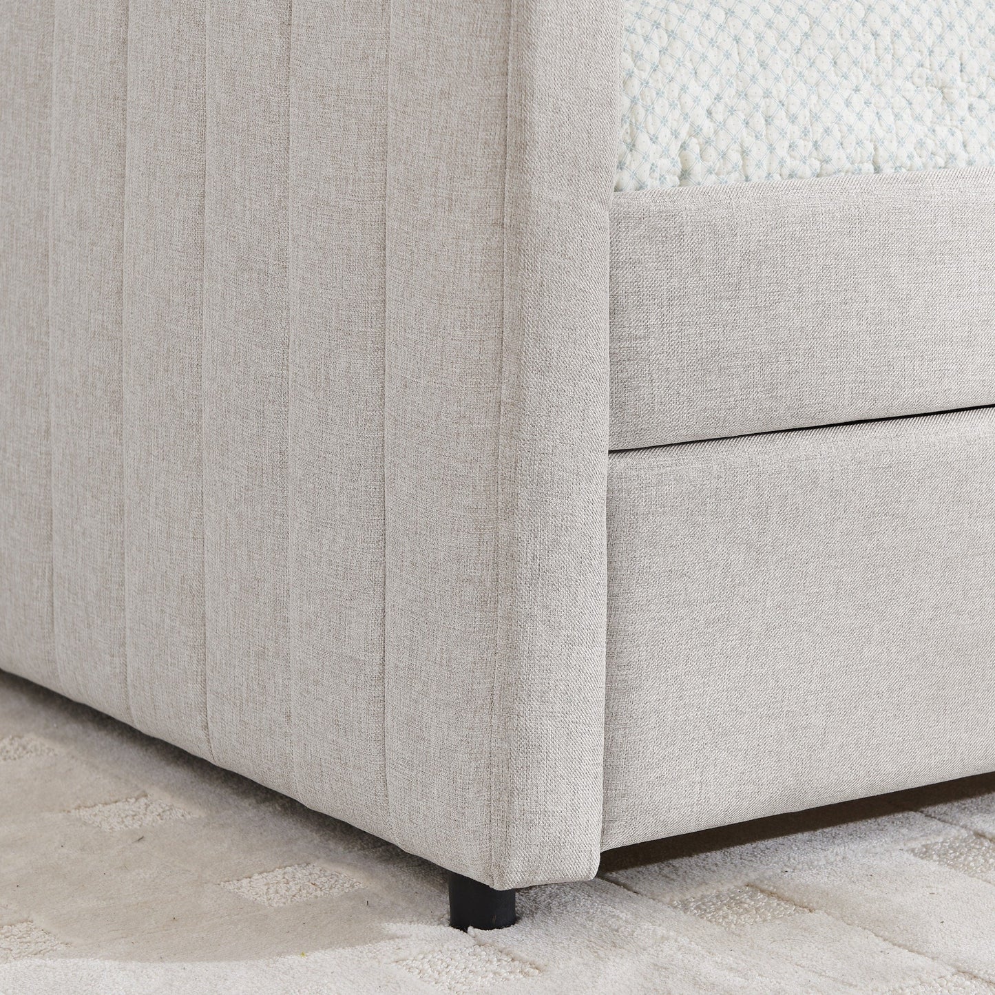 Divano letto matrimoniale con rotelle, imbottito, con righe verticali, tessuto di lino, beige (82,5x58x30)