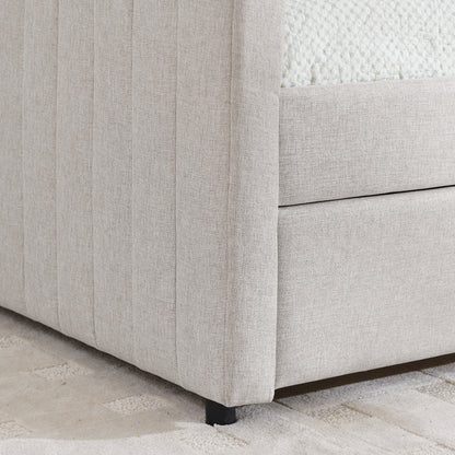 Divano letto matrimoniale con rotelle, imbottito, con righe verticali, tessuto di lino, beige (82,5x58x30)