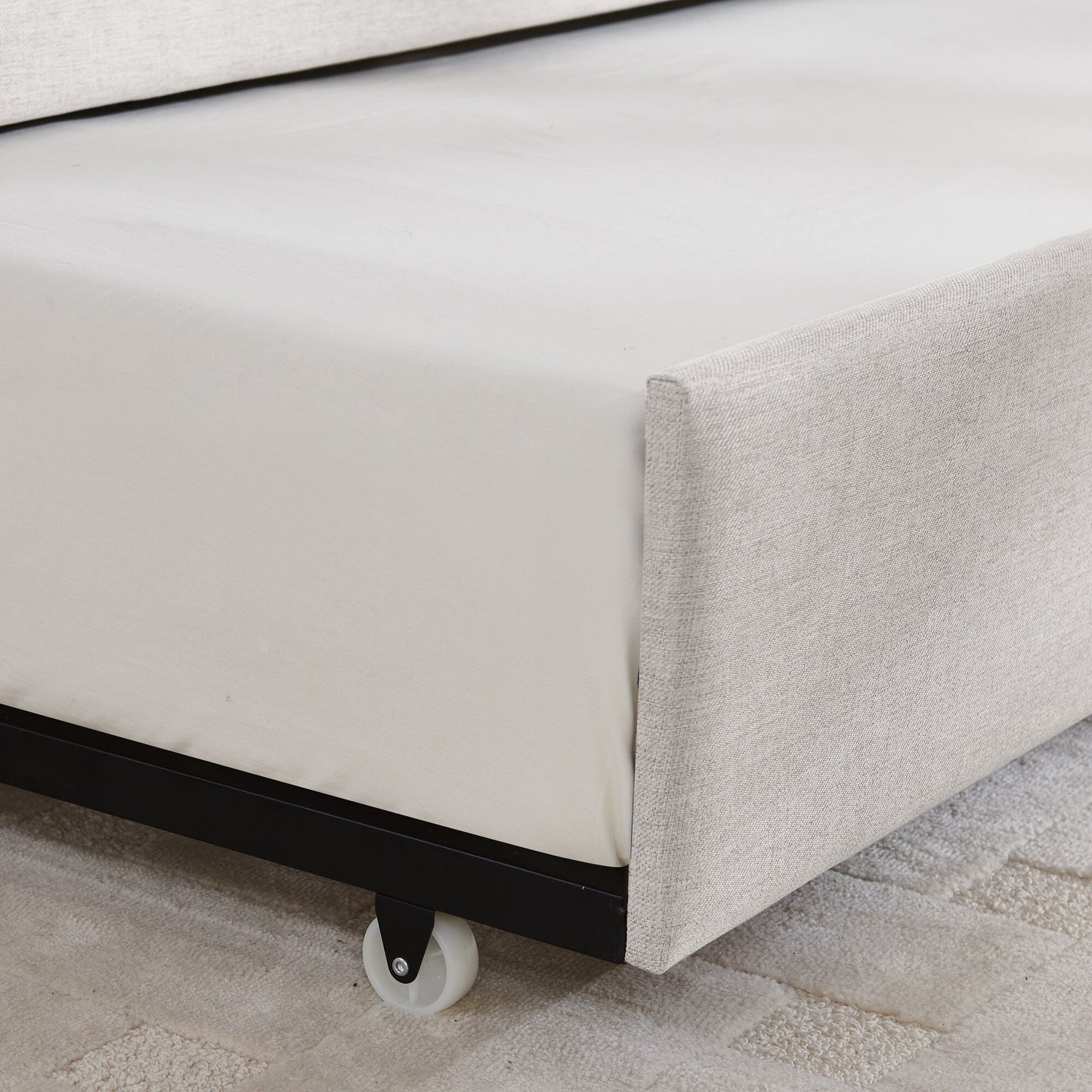 Divano letto matrimoniale con rotelle, imbottito, con righe verticali, tessuto di lino, beige (82,5x58x30)
