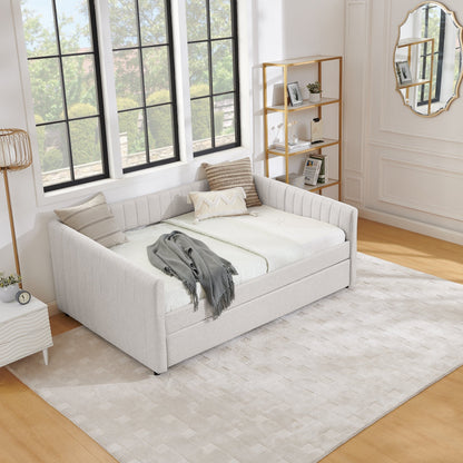 Divano letto matrimoniale con rotelle, imbottito, con righe verticali, tessuto di lino, beige (82,5x58x30)