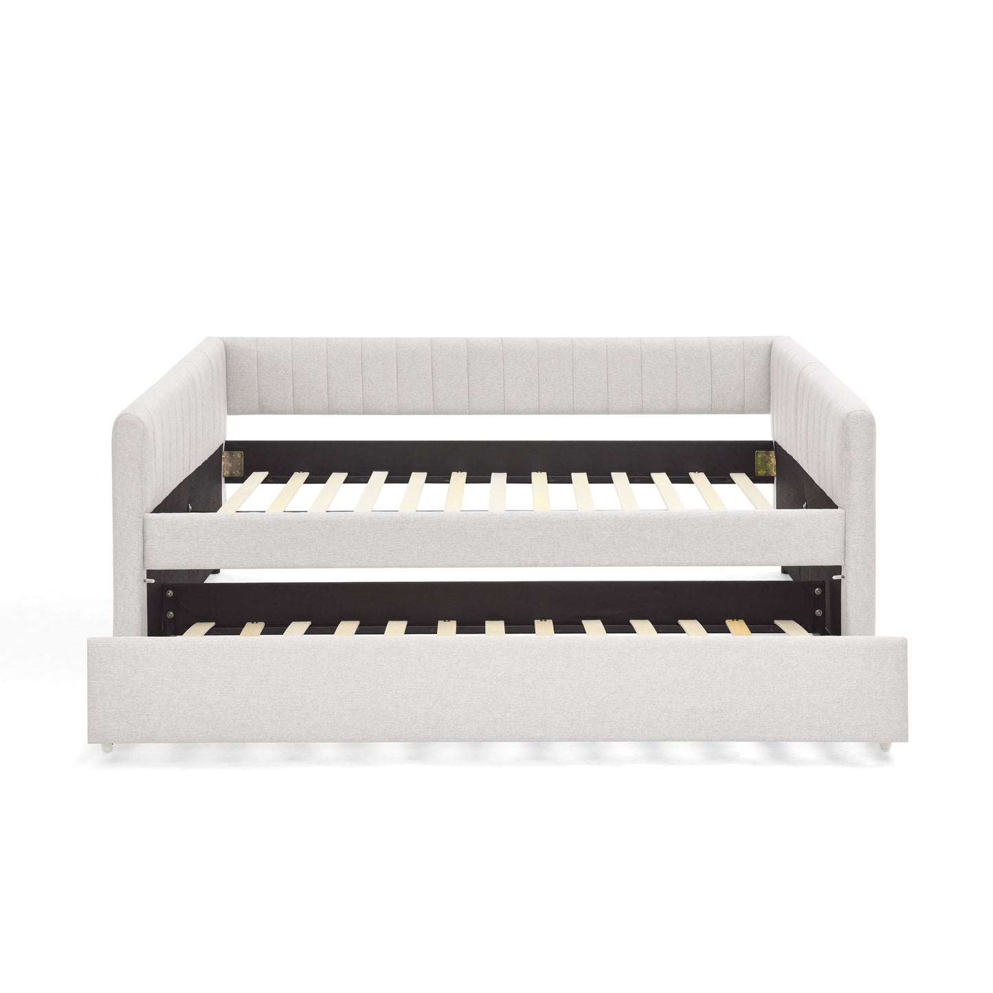 Divano letto matrimoniale con rotelle, imbottito, con righe verticali, tessuto di lino, beige (82,5x58x30)