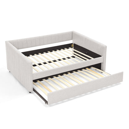 Divano letto matrimoniale con rotelle, imbottito, con righe verticali, tessuto di lino, beige (82,5x58x30)