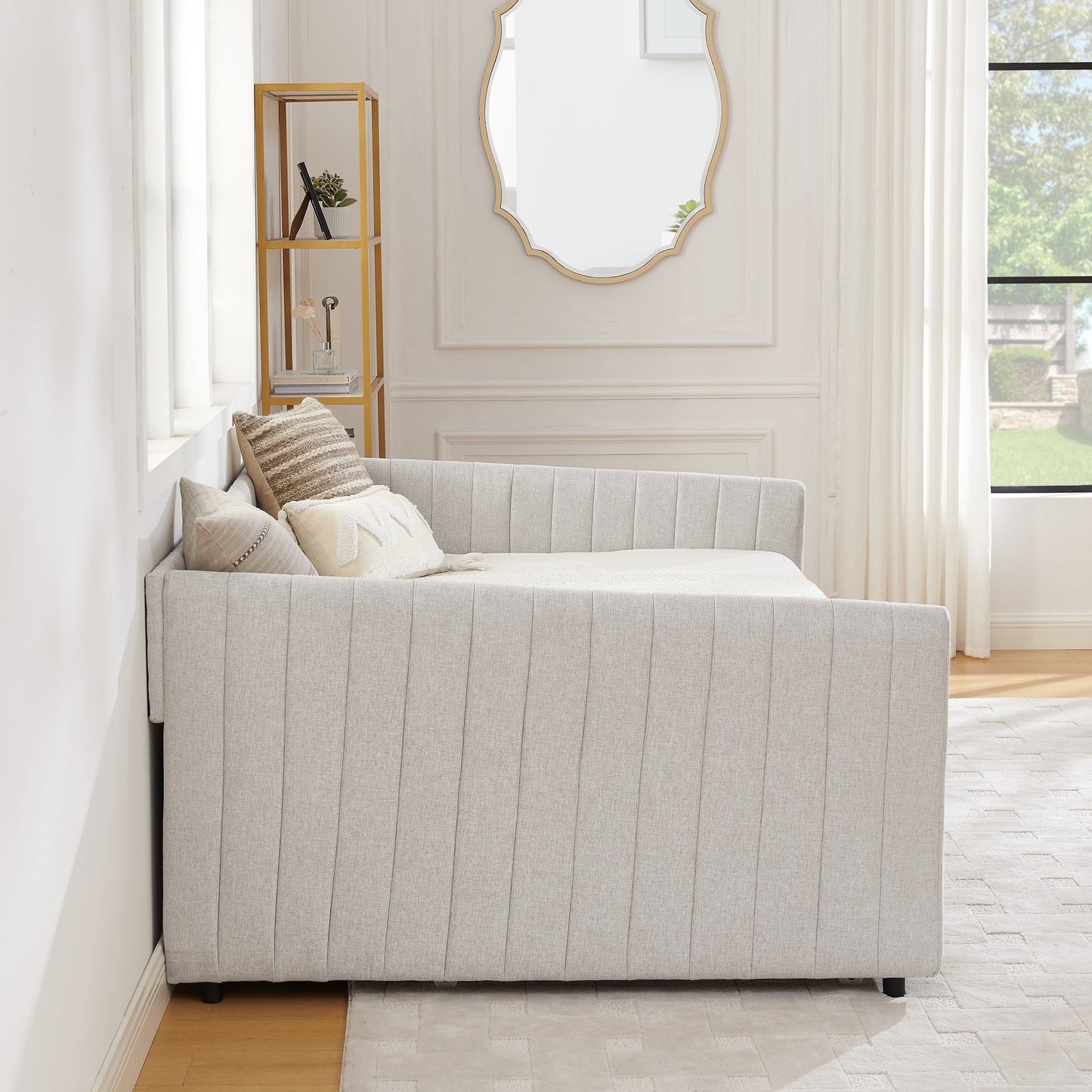 Divano letto matrimoniale con rotelle, imbottito, con righe verticali, tessuto di lino, beige (82,5x58x30)