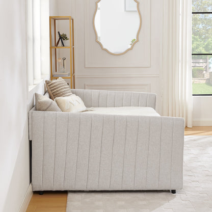 Divano letto matrimoniale con rotelle, imbottito, con righe verticali, tessuto di lino, beige (82,5x58x30)