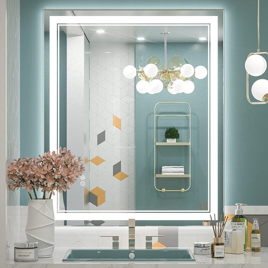 Specchio da bagno a parete in vetro temperato antiappannamento con illuminazione a LED anteriore e posteriore di dimensioni standard
