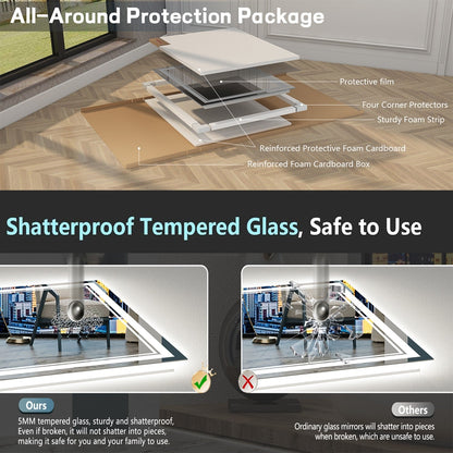 Specchio da bagno a parete in vetro temperato antiappannamento con illuminazione a LED anteriore e posteriore di dimensioni standard