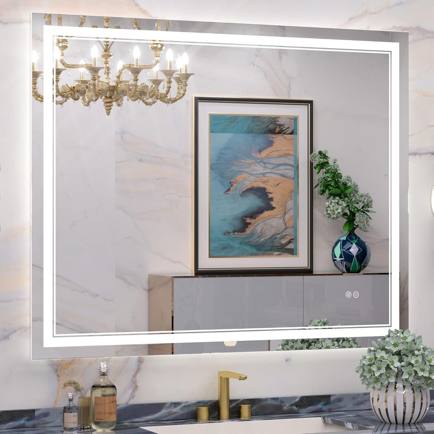 Specchio da bagno a parete in vetro temperato antiappannamento con illuminazione a LED anteriore e posteriore di dimensioni standard