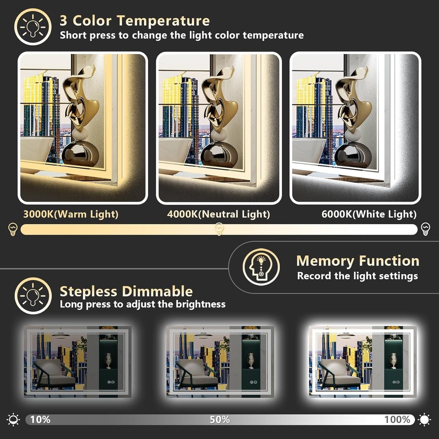 Specchio da bagno a parete in vetro temperato antiappannamento con illuminazione a LED anteriore e posteriore di dimensioni standard