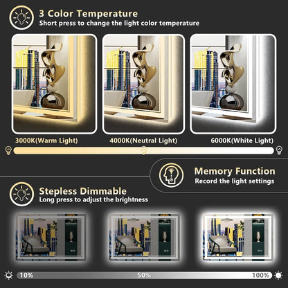 Specchio da bagno a parete in vetro temperato antiappannamento con illuminazione a LED anteriore e posteriore di dimensioni standard