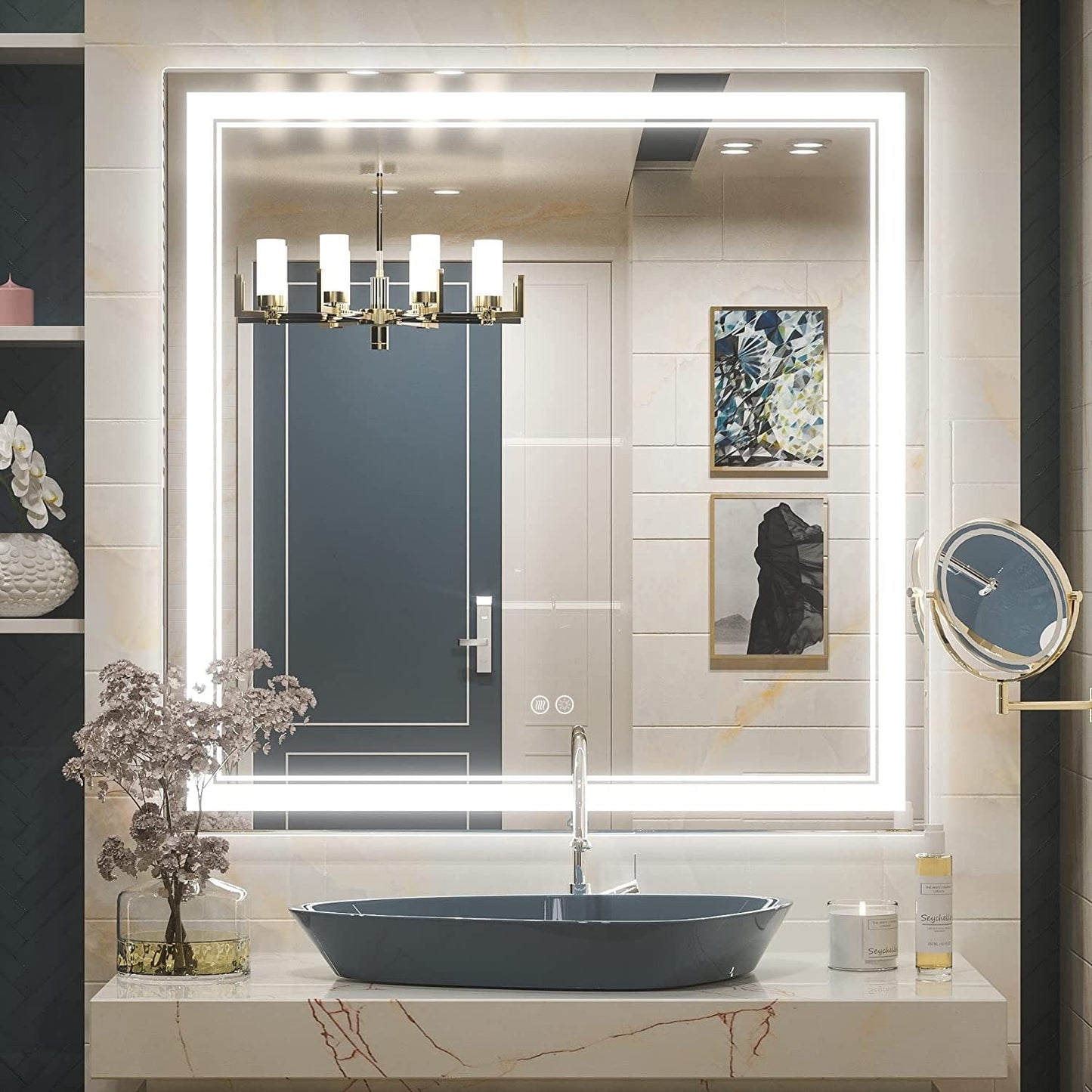 Specchio da bagno a parete in vetro temperato antiappannamento con illuminazione a LED anteriore e posteriore di dimensioni standard