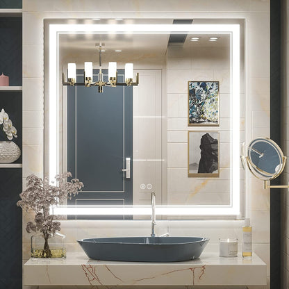 Specchio da bagno a parete in vetro temperato antiappannamento con illuminazione a LED anteriore e posteriore di dimensioni standard