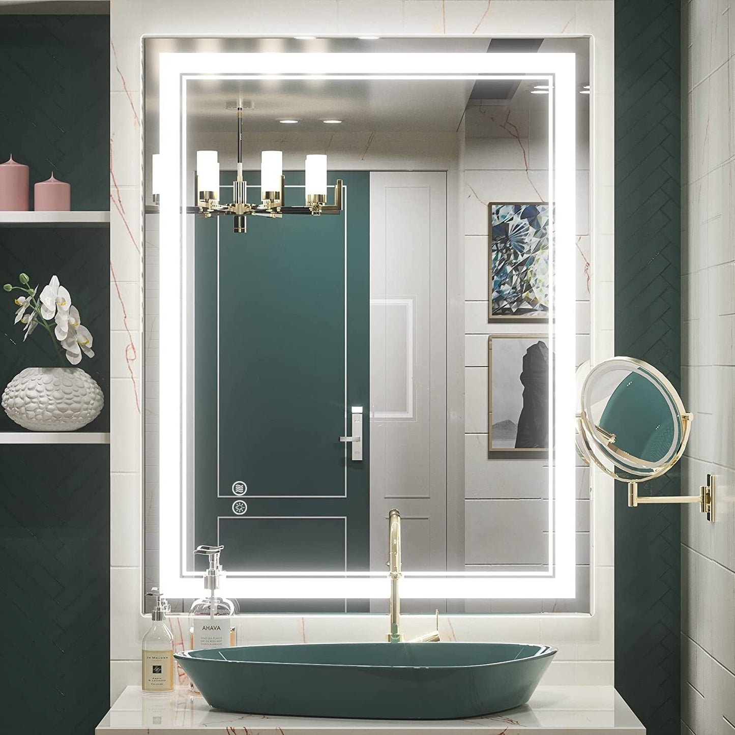 Specchio da bagno a parete in vetro temperato antiappannamento con illuminazione a LED anteriore e posteriore di dimensioni standard
