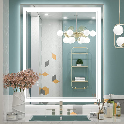 Specchio da bagno a parete in vetro temperato antiappannamento con illuminazione a LED anteriore e posteriore di dimensioni standard