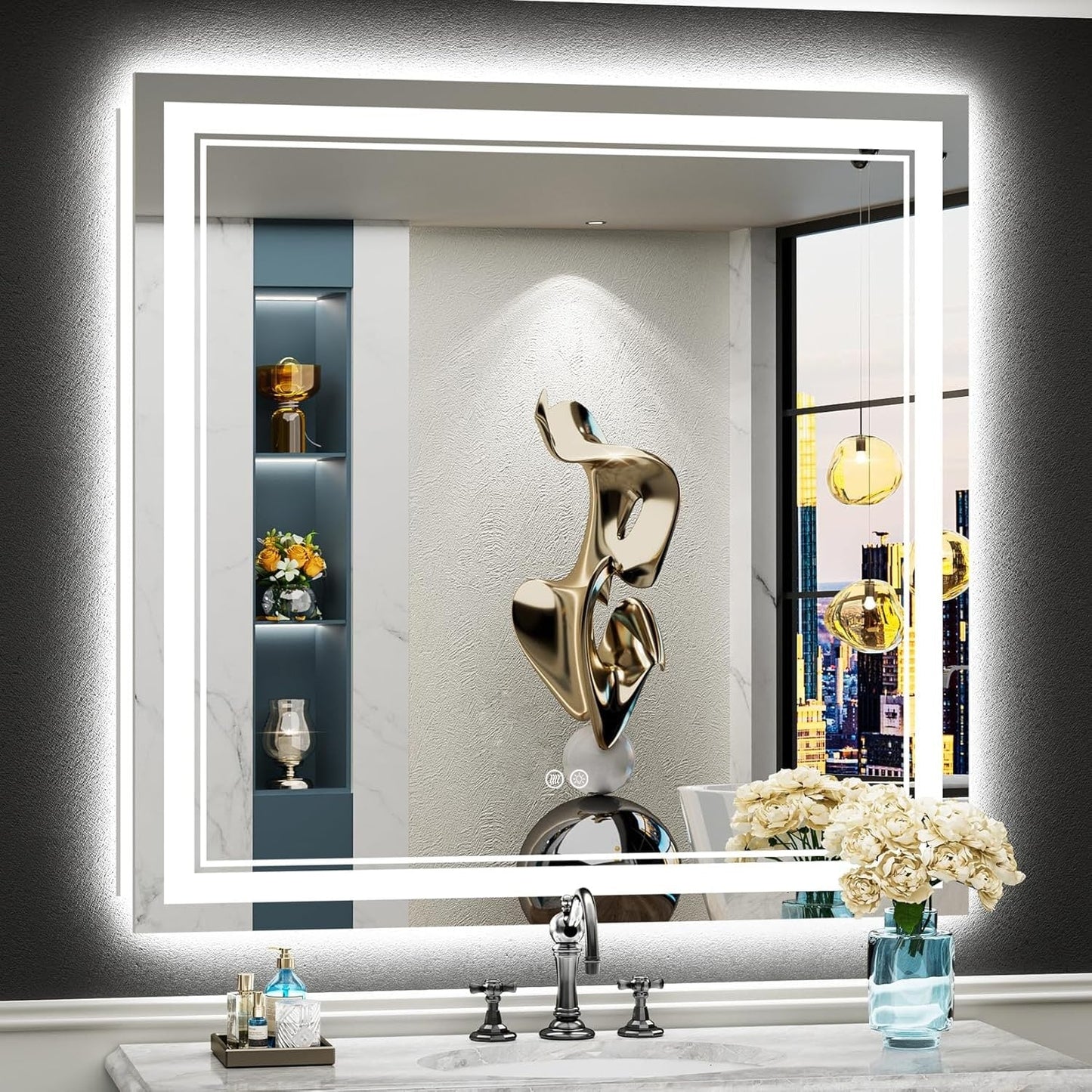 Specchio da bagno a parete in vetro temperato antiappannamento con illuminazione a LED anteriore e posteriore di dimensioni standard