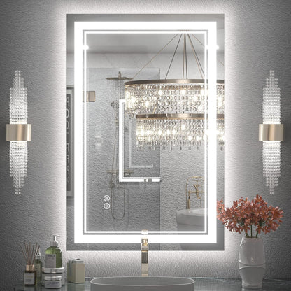 Specchio da bagno a parete in vetro temperato antiappannamento con illuminazione a LED anteriore e posteriore di dimensioni standard