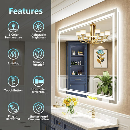 Specchio da bagno a parete in vetro temperato antiappannamento con illuminazione a LED anteriore e posteriore di dimensioni standard