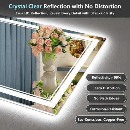 Specchio da bagno a parete in vetro temperato antiappannamento con illuminazione a LED anteriore e posteriore di dimensioni standard